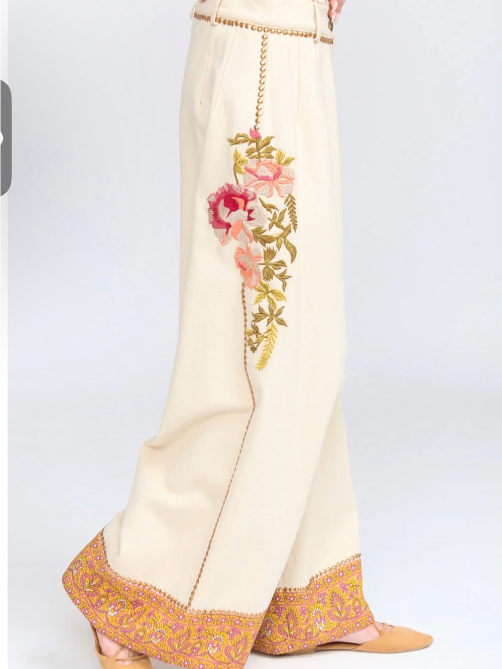 Time To Shine Embroidered Cream Wide-Leg Pants with Floral Trim by Aratta, NWT - Picture 3 of 7